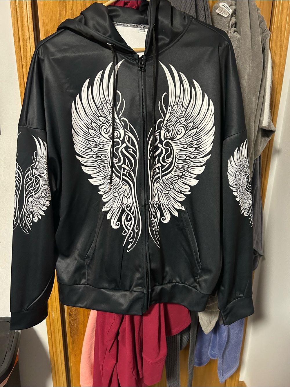SHEIN Black Zip-Up Hoodie with White Wing Graphic